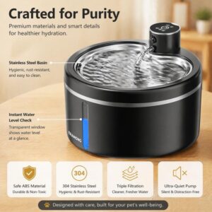 Intelligenter kabelloser dynamischer Wasserspender für Katzen, ultraleise, 2,5 L / 84,54 oz, automatischer Wasserbehälter für Haustiere mit vierlagigem Filtersystem, ultraleiser Wasserdurchfluss, doppelte Stromversorgung, für Katzen und Hunde